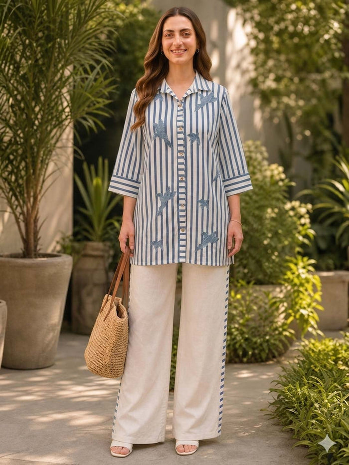 OFF-WHITE & TEAL BLUE STRIPED COTTON SLUB EMBROIDERED CO-ORD SET