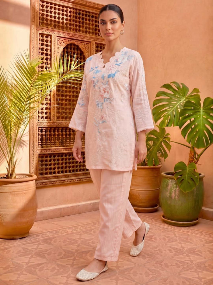 LIGHT PINK COTTON EMBROIDERED & HANDWORK CO-ORD SET