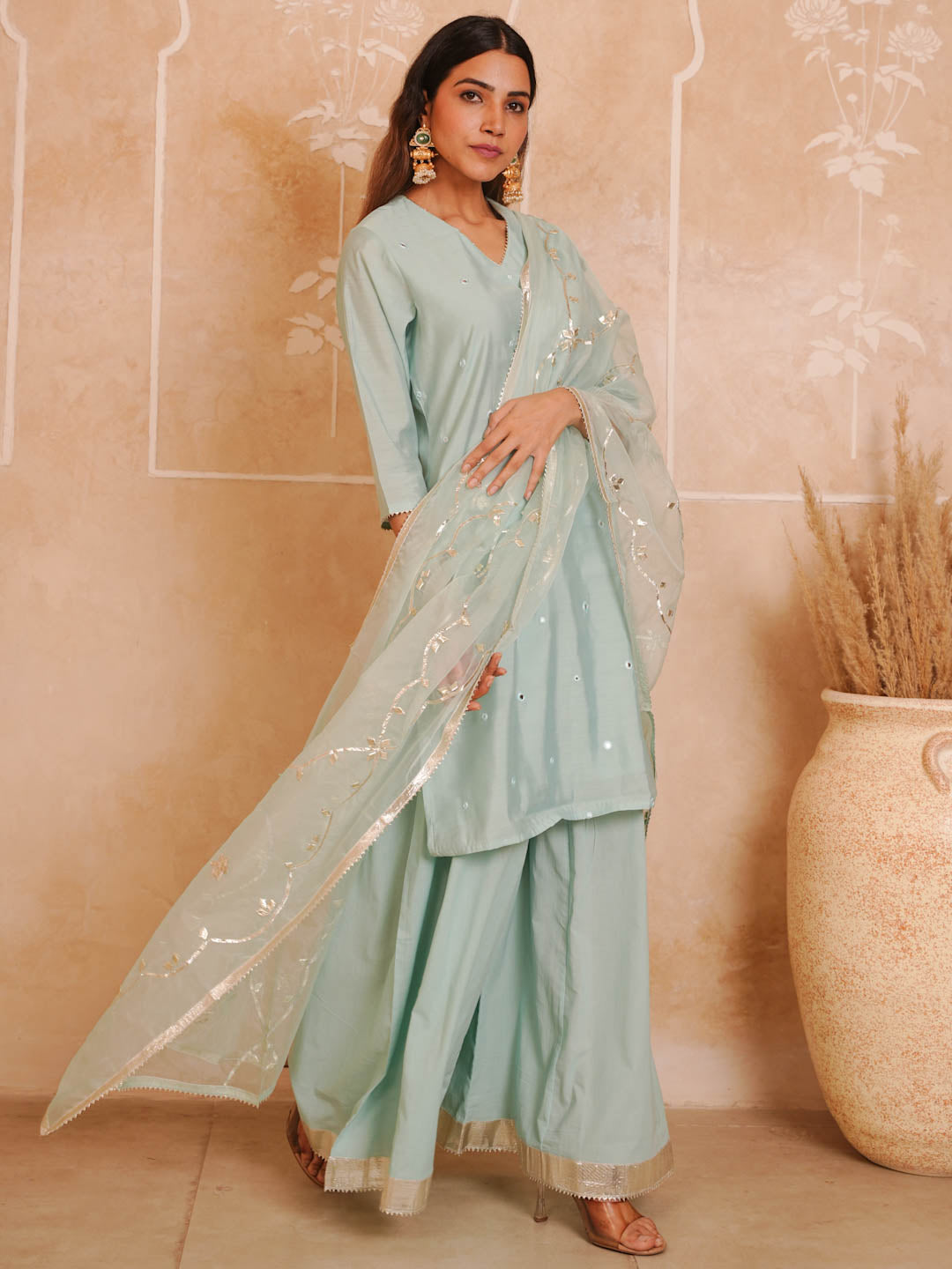 POWDER BLUE CHANDERI SHARARA SET WITH ORGANZA DUPATTA