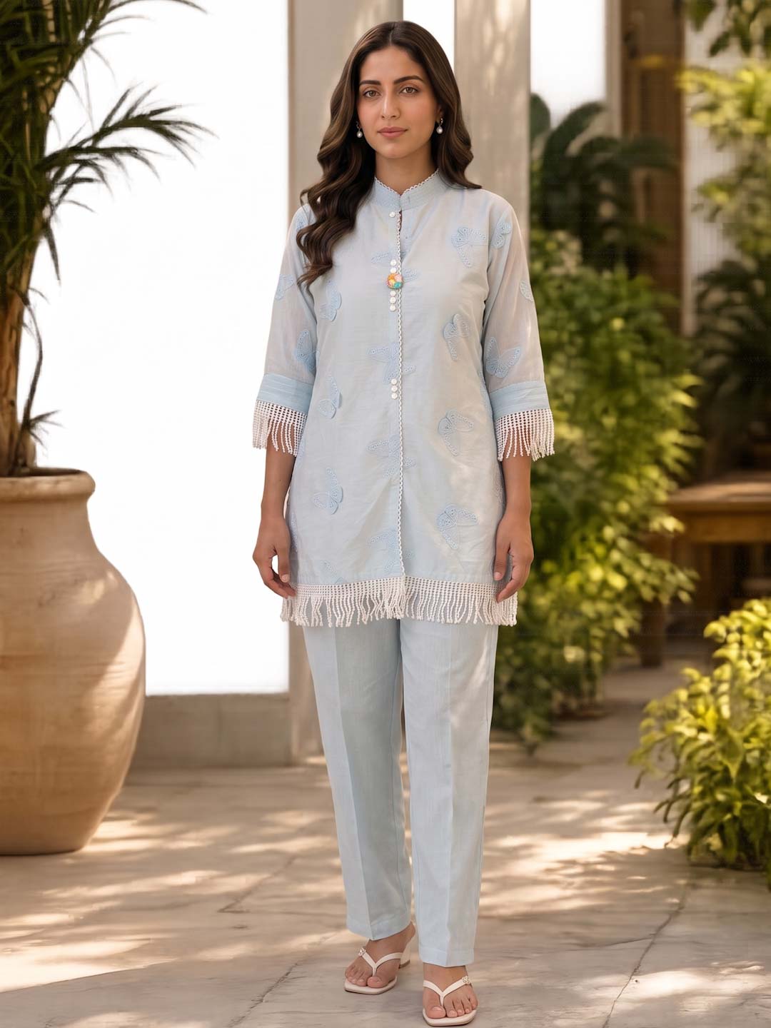 BABY BLUE EMBROIDERED CO-ORD SET WITH PATCH & LACE WORK