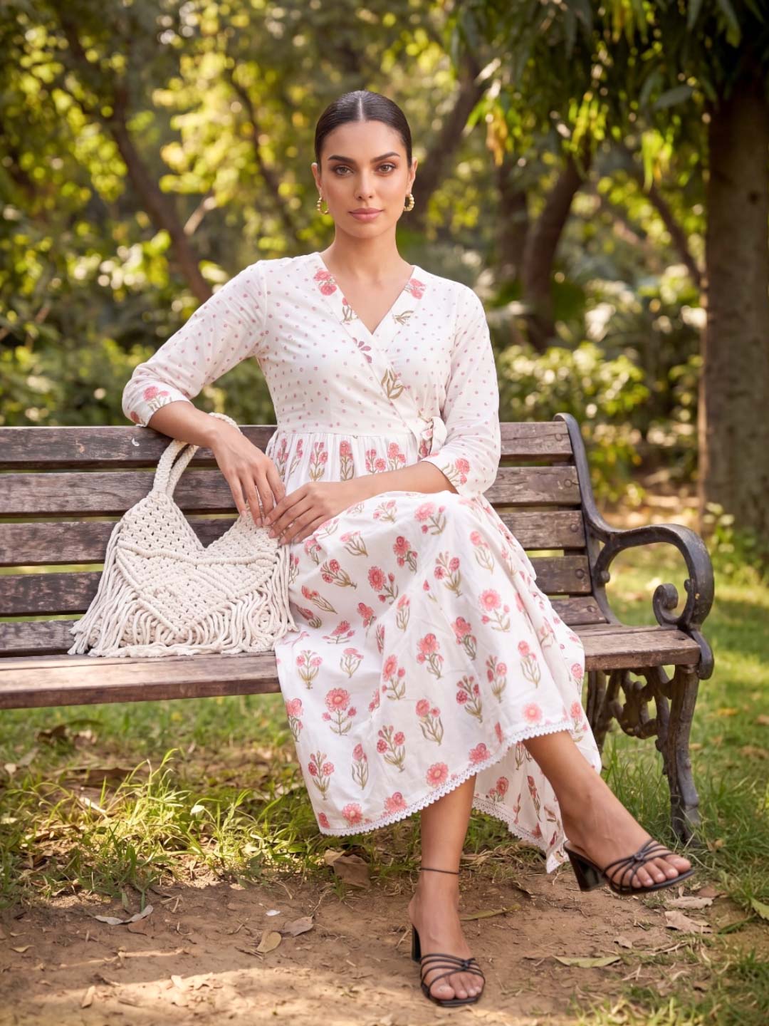 WHITE FLORAL HANDBLOCK DRESS WITH LINING