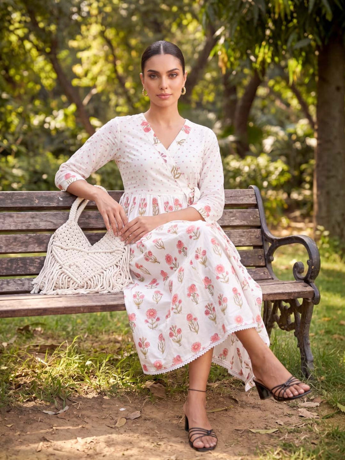 WHITE FLORAL HANDBLOCK DRESS WITH LINING