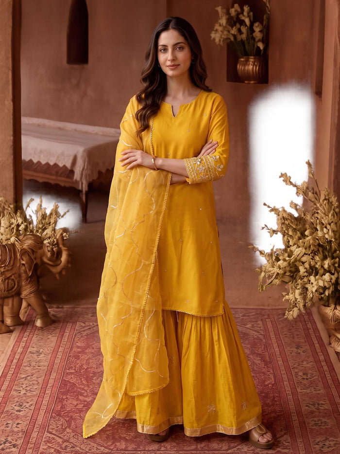 MUSTARD YELLOW CHANDERI SHARARA SET WITH ORGANZA DUPATTA
