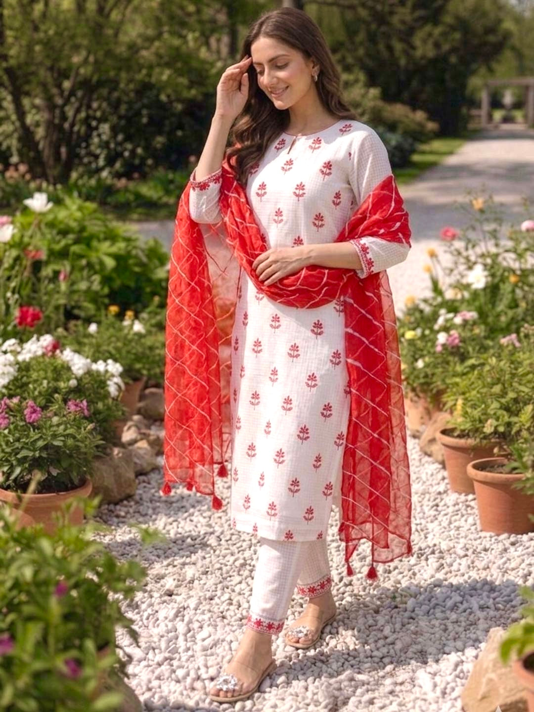 WHITE & RED KOTA DORIA SUIT WITH LEHERIYA DUPATTA