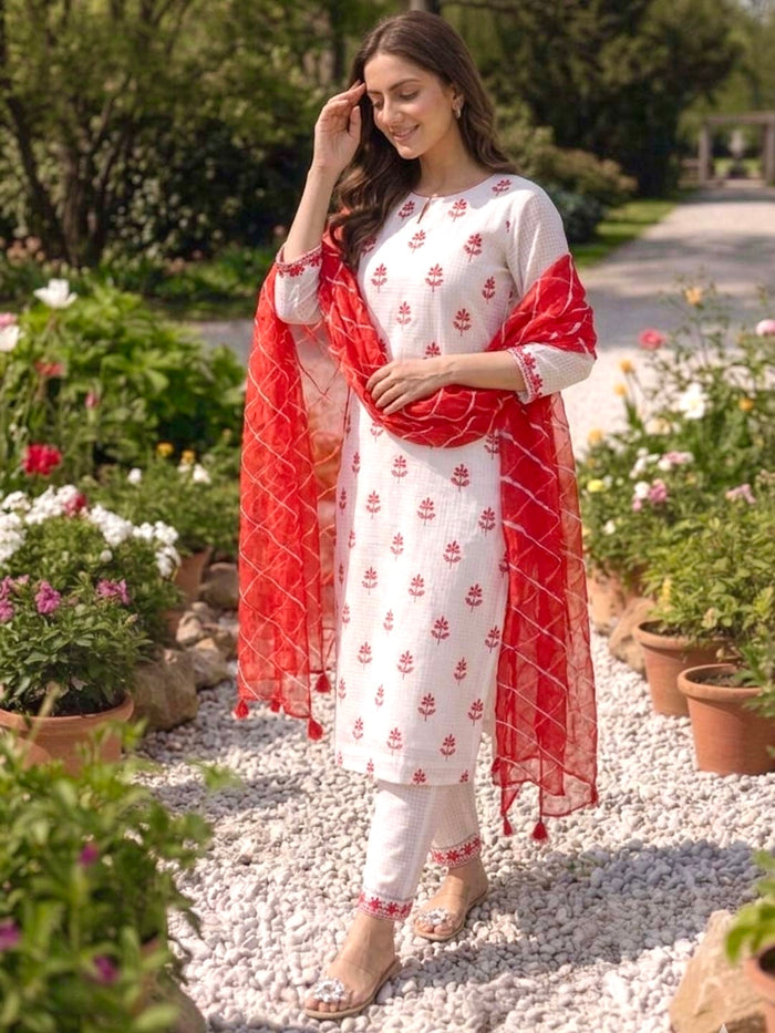 WHITE & RED KOTA DORIA SUIT WITH LEHERIYA DUPATTA
