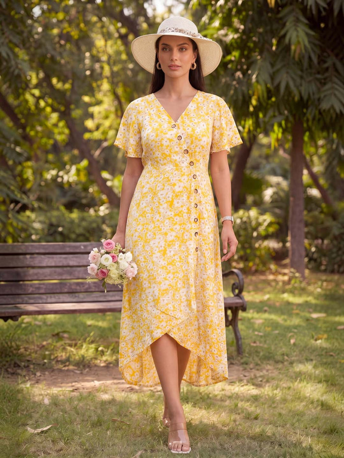 YELLOW & WHITE FLOWER ASSYMETRIC RAYON DRESS