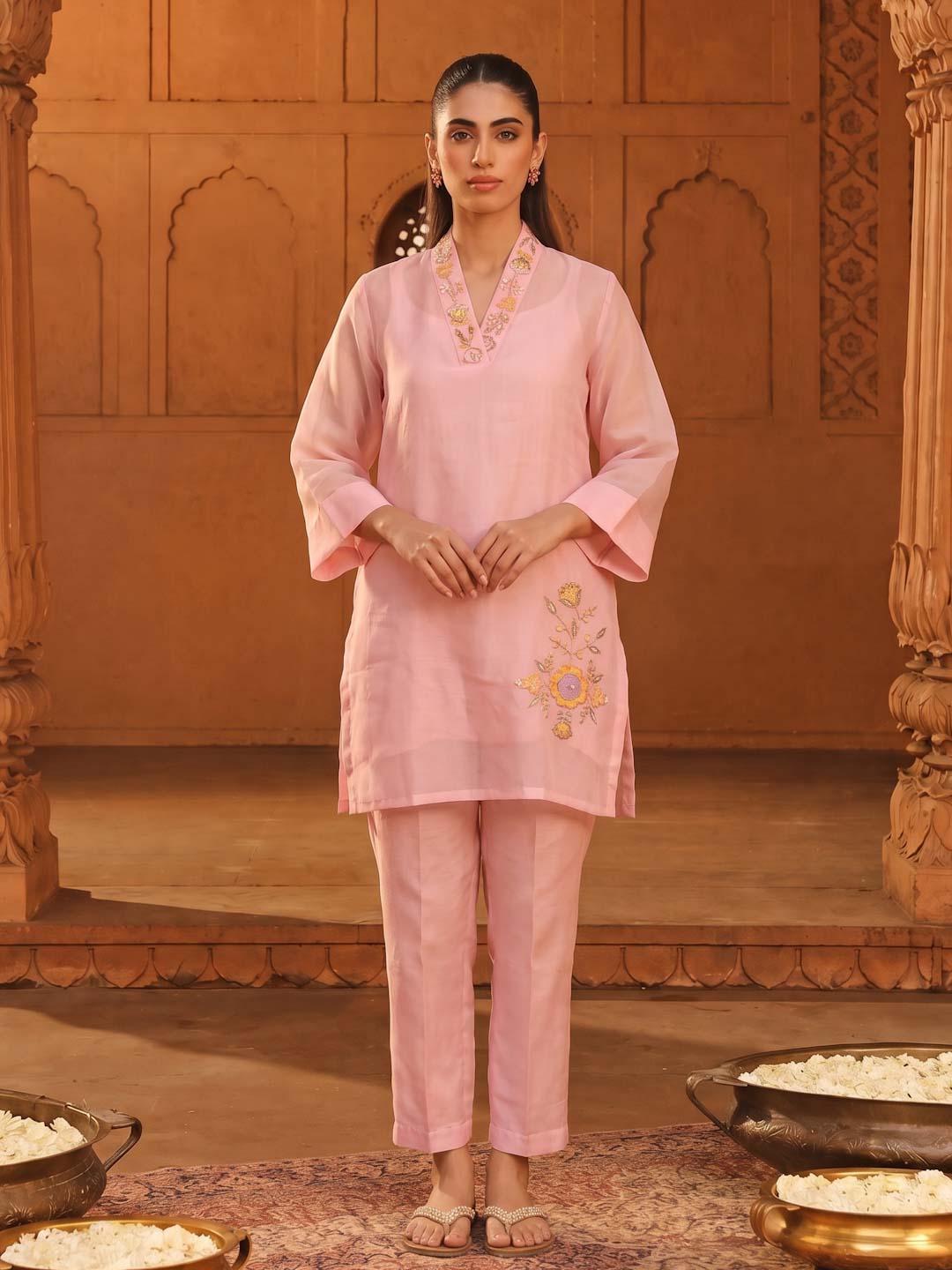 PINK SHIMMER ORGANZA HANDWORK CO-ORD SET