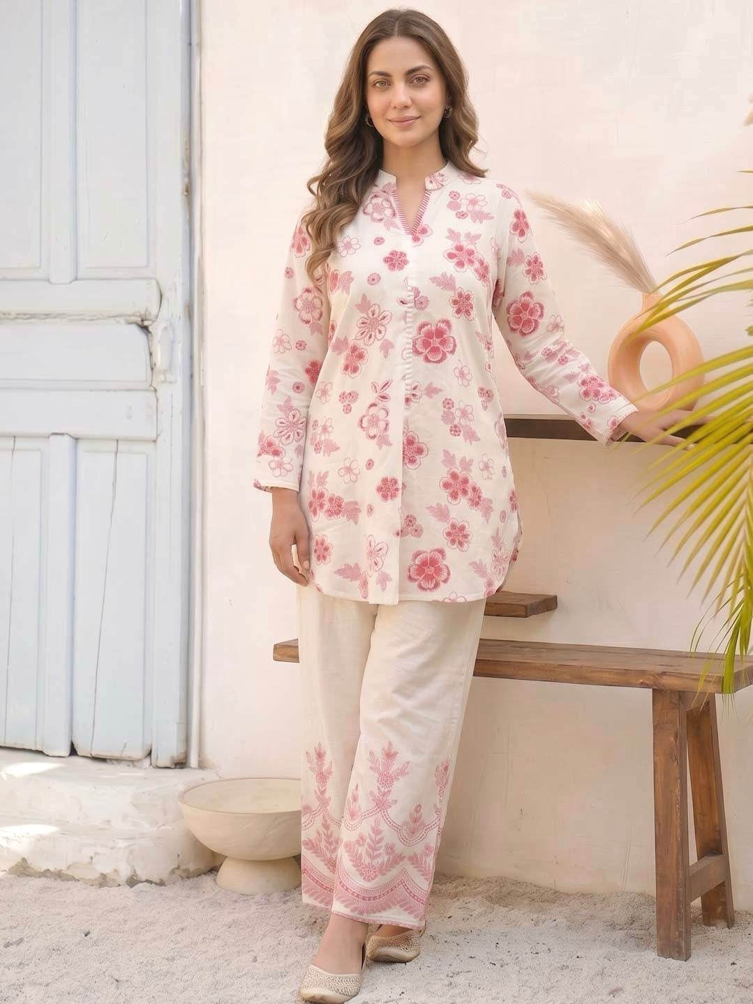 CREAM & PINK FLOWER COTTON SLUB CO-ORD SET