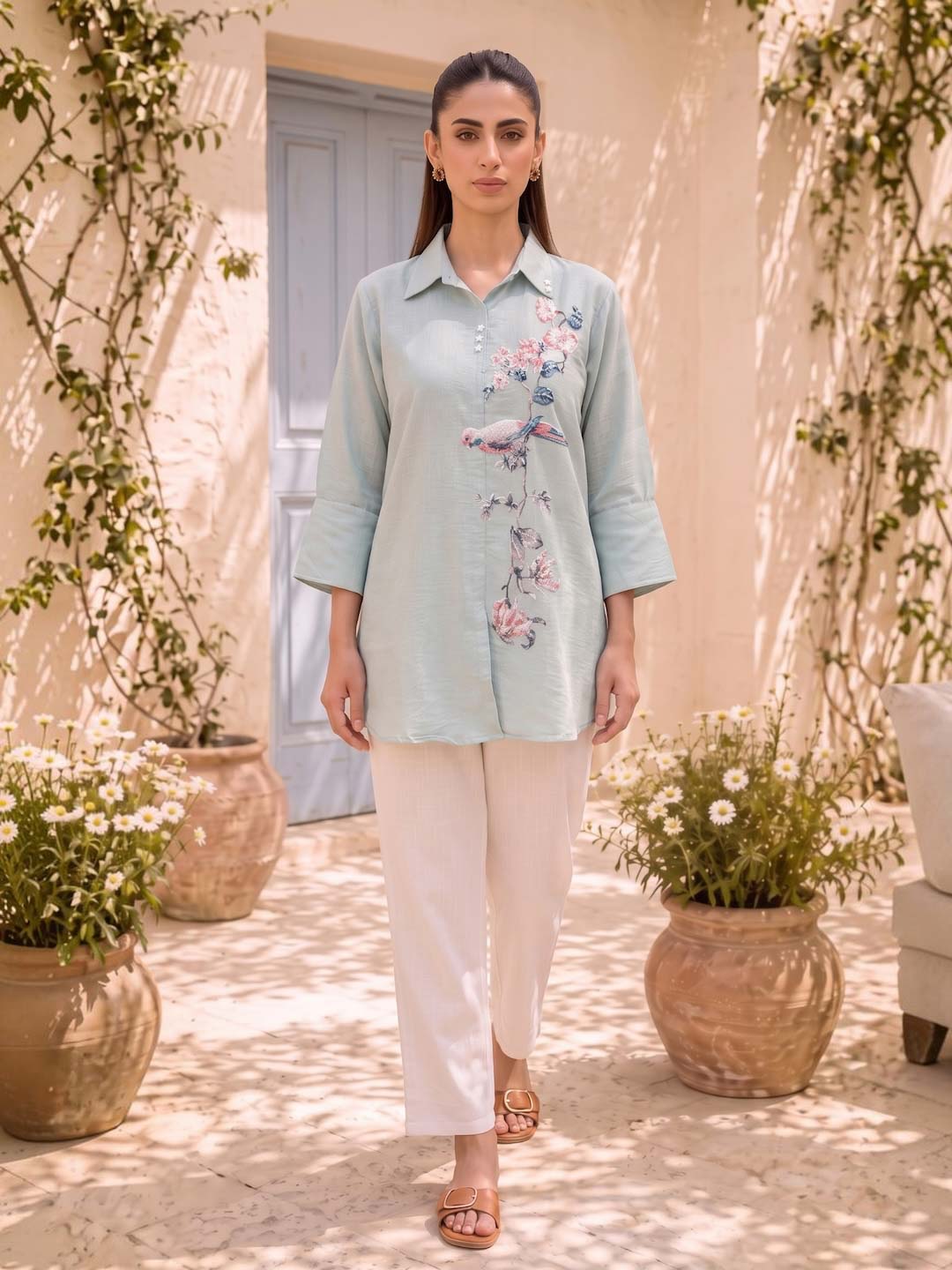 DUSK BLUE COTTON HANDWORK & EMBROIDERED TOP