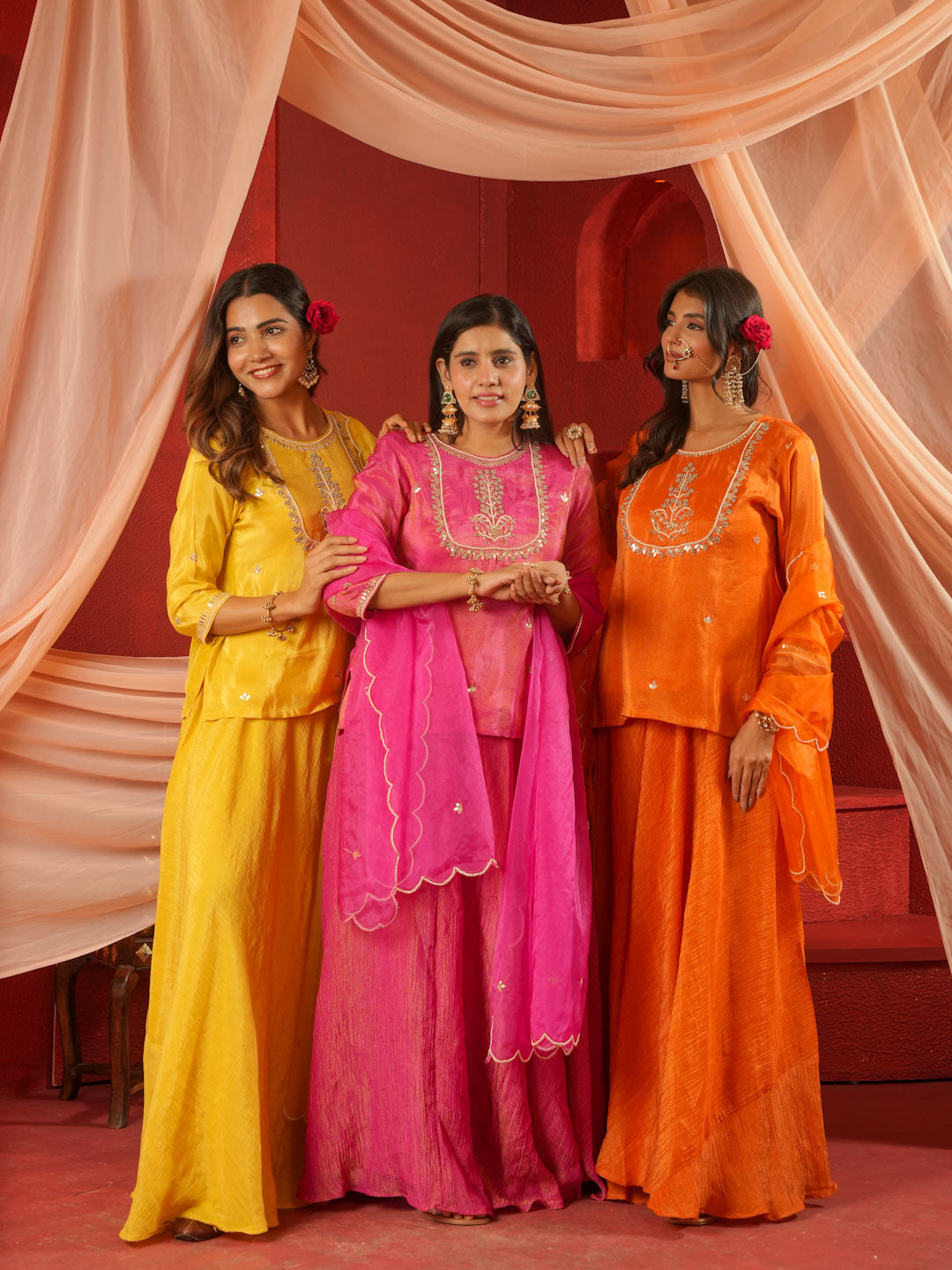 MARIGOLD YELLOW KURTA & SKIRT SET WITH HANDWORK AND ORGANZA DUPATTA