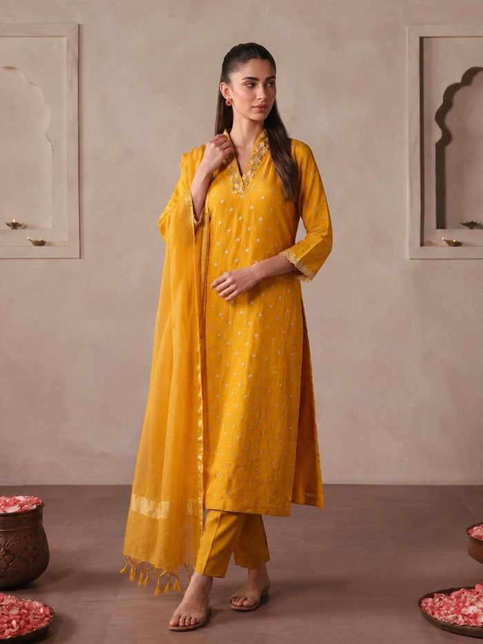 MUSTARD YELLOW TISSUE HANDWORK SUIT SET