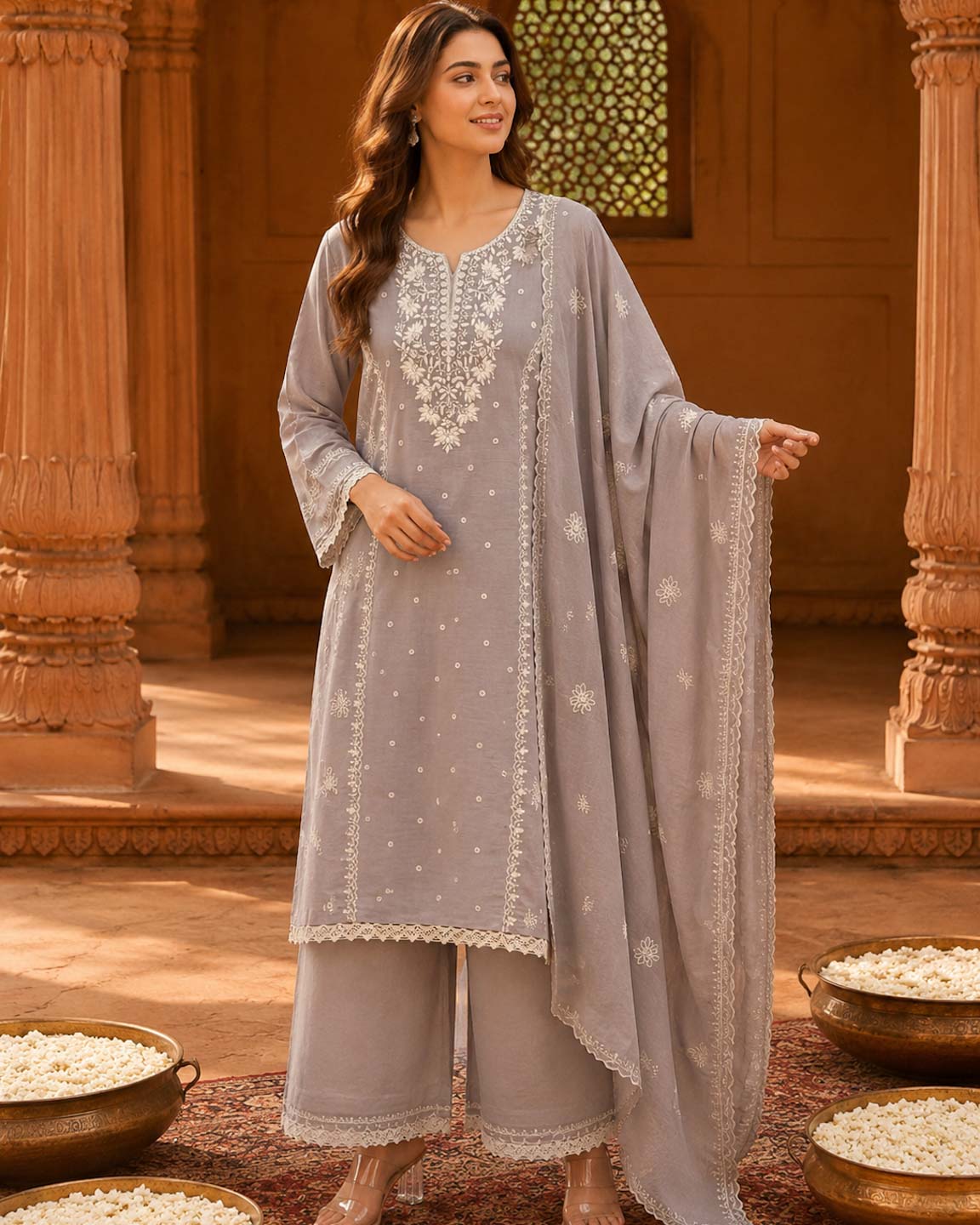 GREY CRUSHED MUL CHANDERI EMBROIDERED SUIT SET
