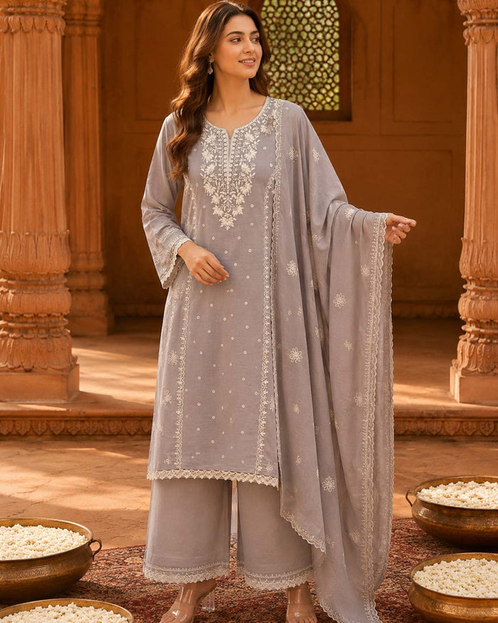 GREY CRUSHED MUL CHANDERI EMBROIDERED SUIT SET