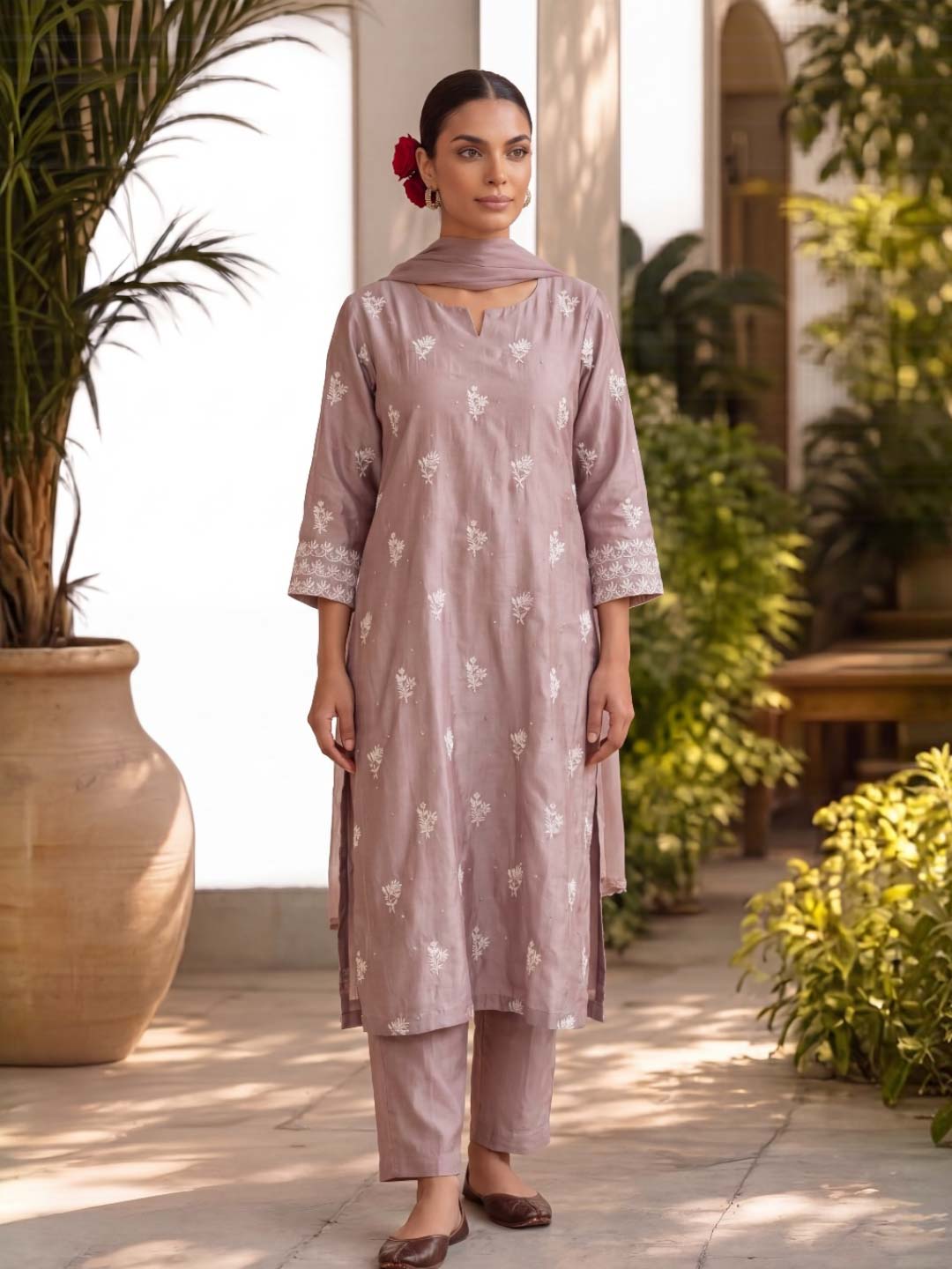 MAUVE CHANDERI SUIT SET WITH EMBROIDERY