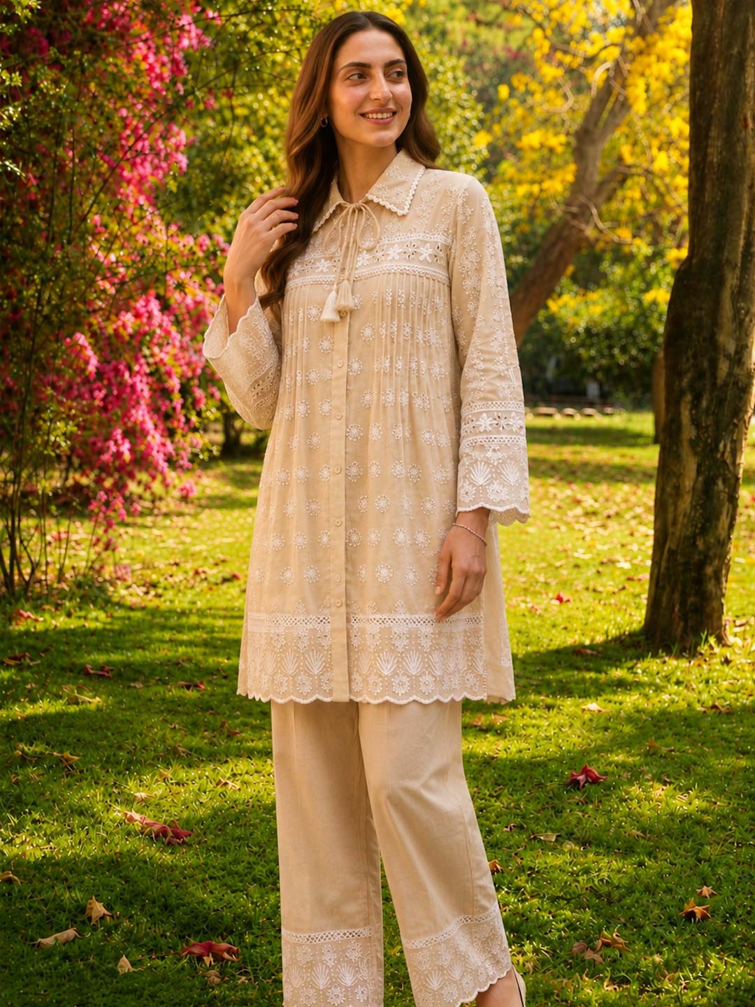 BEIGE & WHITE MUL COTTON EMBROIDERED CO-ORD SET