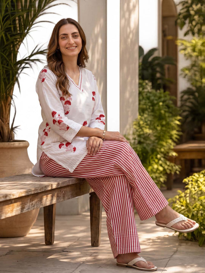 RED COTTON HANDBLOCK CO-ORD SET WITH FARSHI PANTS