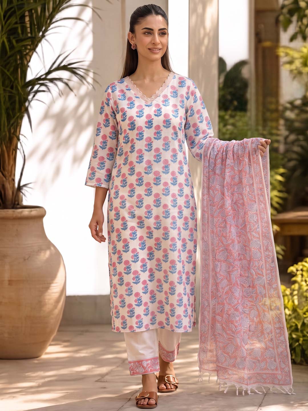 WHITE & PINK FLOWER KOTA DORIA SUIT SET