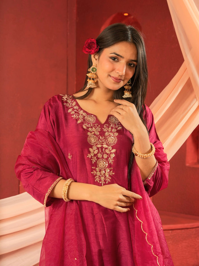 RASPBERRY SUIT SET WITH HANDWORK AND ORGANZA DUPTTA