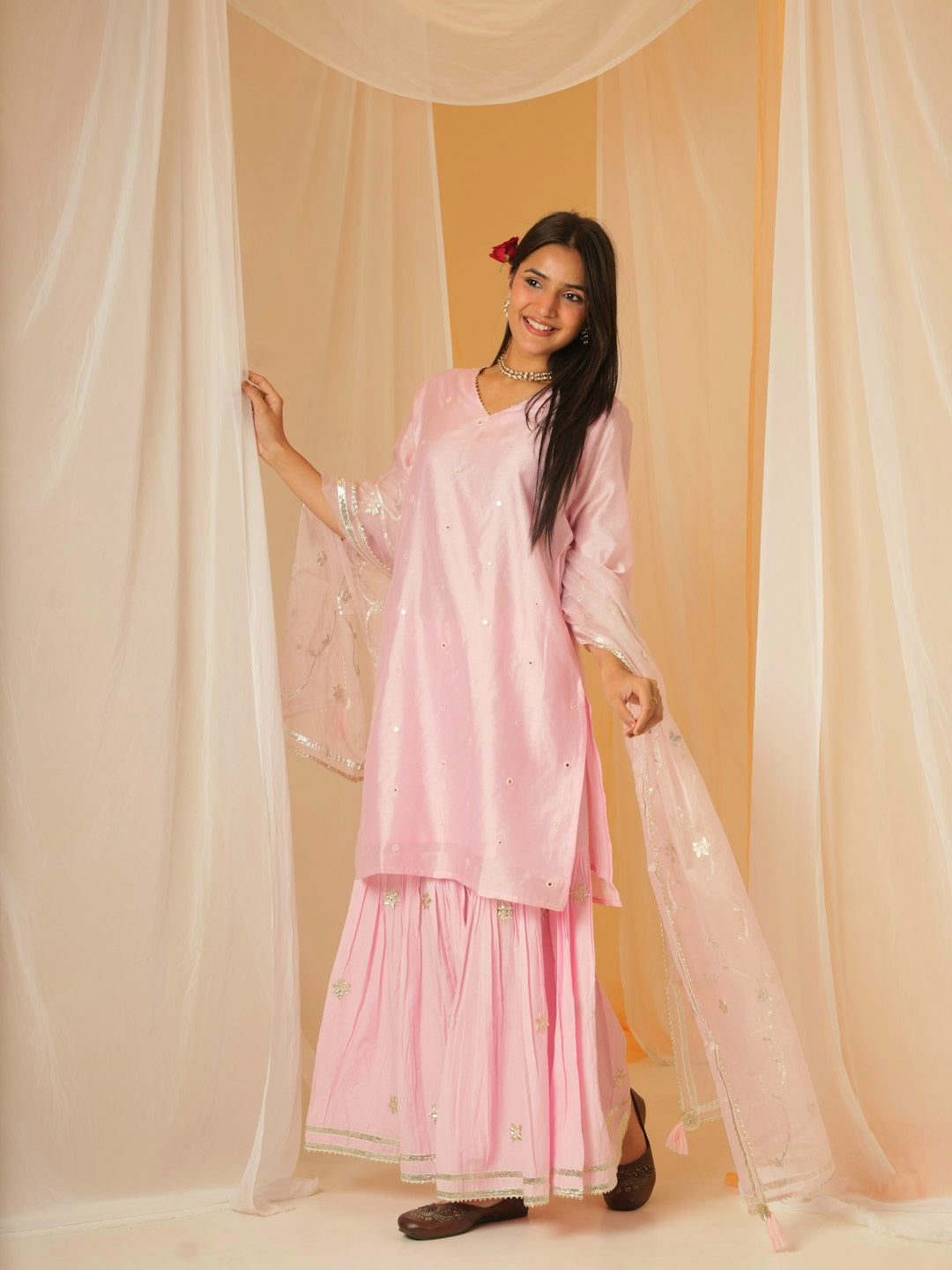 LIGHT PINK CHANDERI SHARARA SET WITH ORGANZA DUPATTA