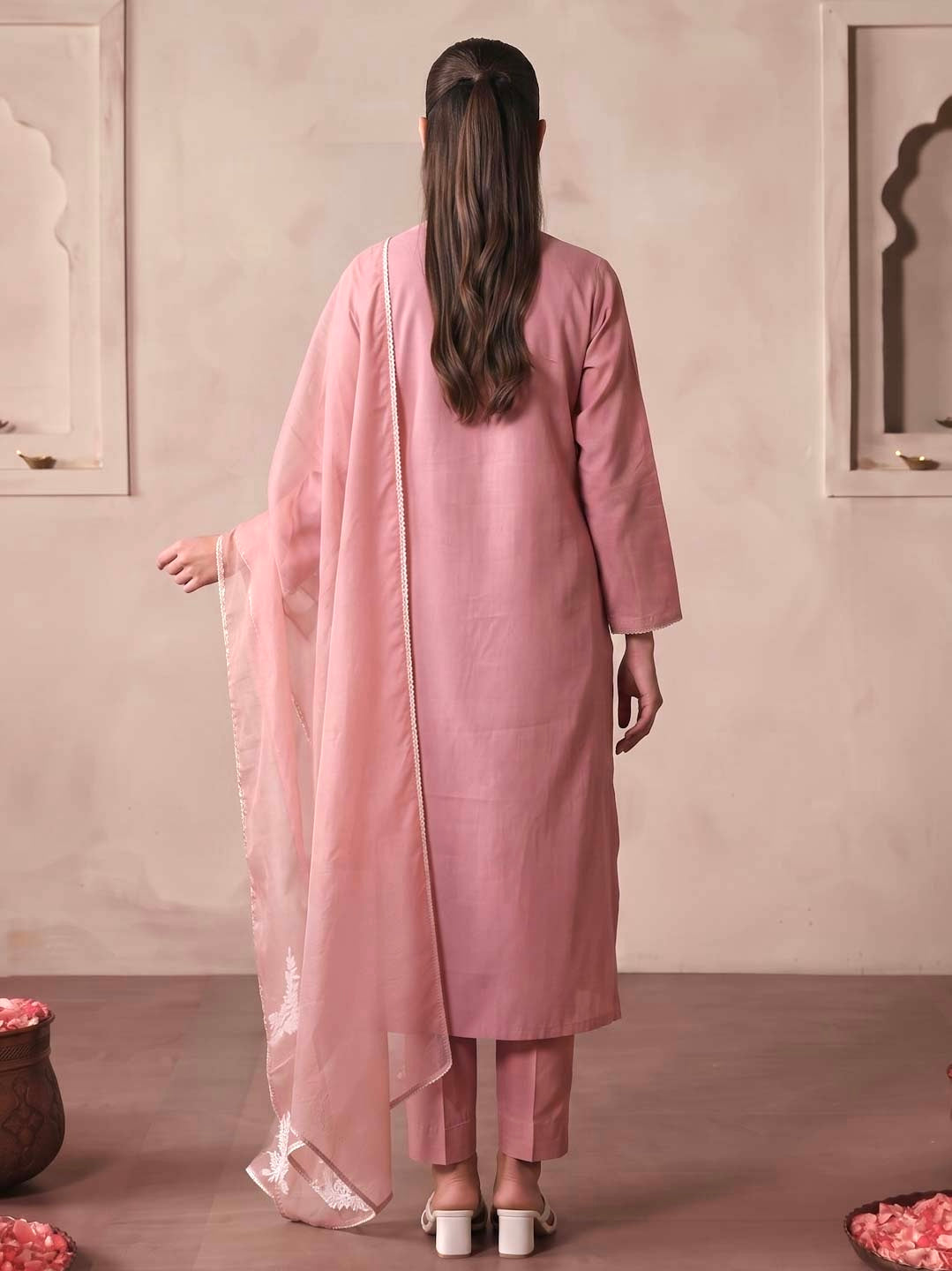 EARTHY PINK SMOCKING WORK SUIT SET WITH ORGANZA DUPATTA