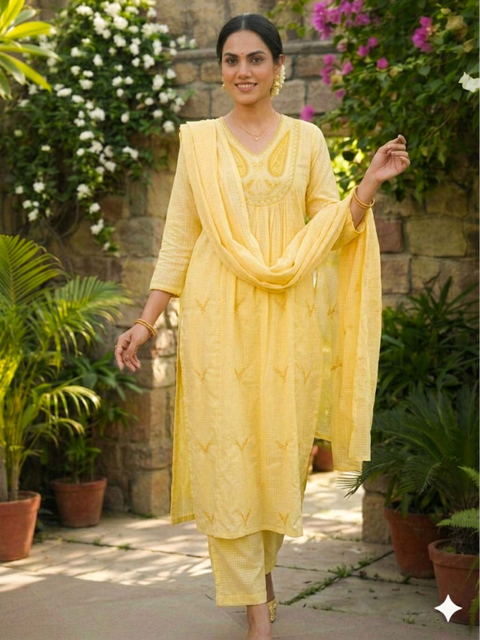 BRIGHT YELLOW KOTA DORIA SUIT SET WITH KOTA DUPATTA