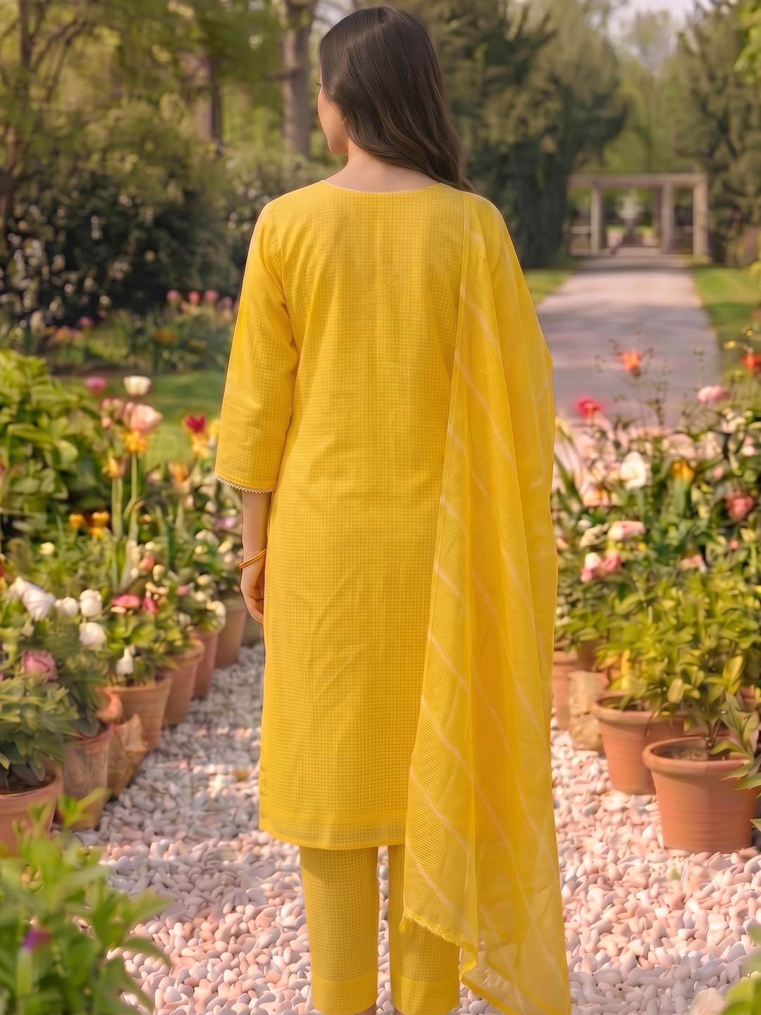 CUSTARD YELLOW KOTA DORIA SUIT SET WITH EMBROIDERY