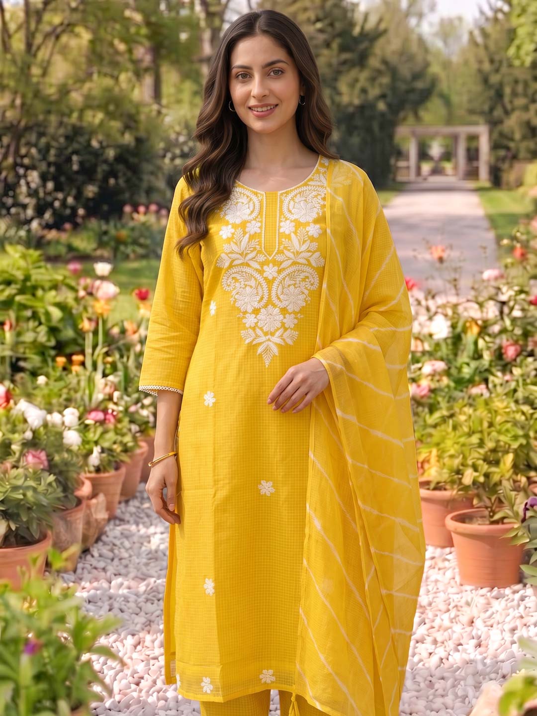 CUSTARD YELLOW KOTA DORIA SUIT SET WITH EMBROIDERY