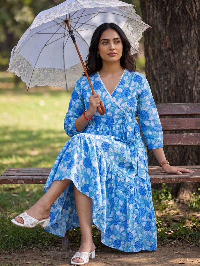 BLUE FLORAL HANDBLOCK COTTON DRESS