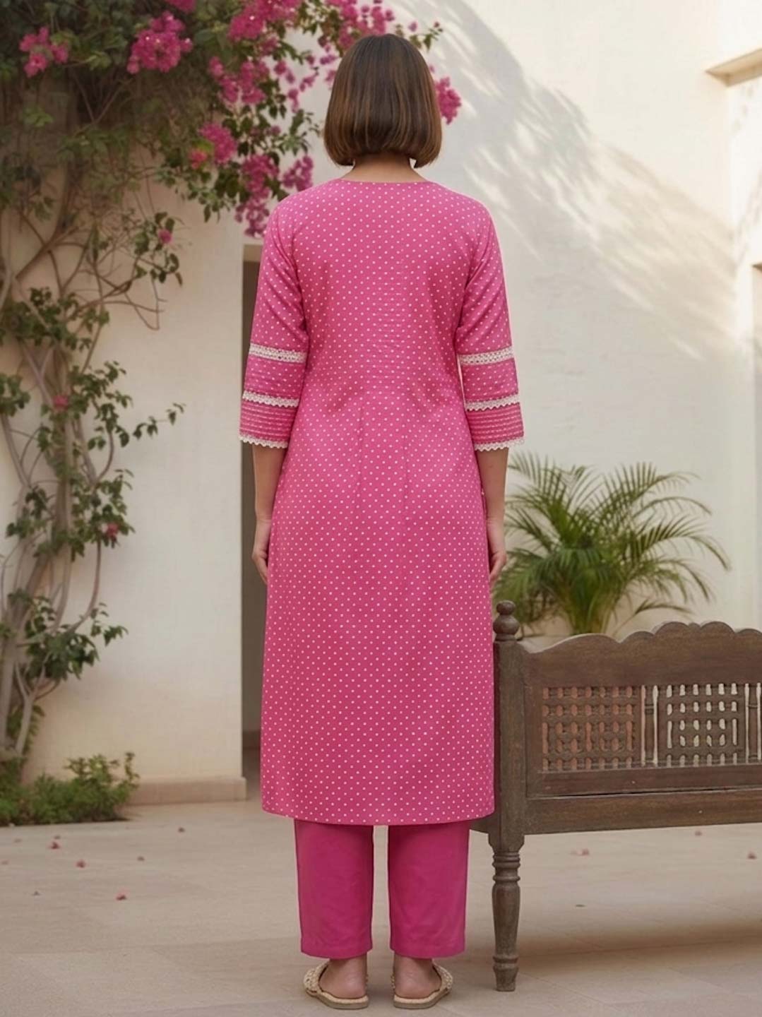PINK COTTON KURTA SET WITH LACE WORK