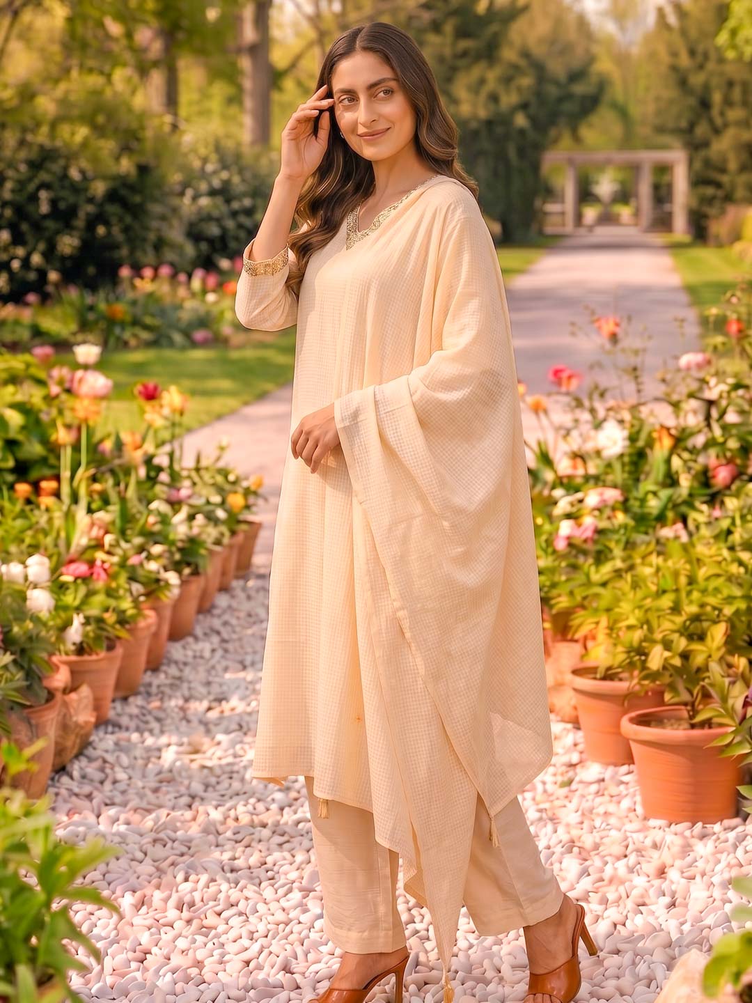 SOFT BEIGE KOTA DORIA SUIT SET WITH SEQUENCE WORK