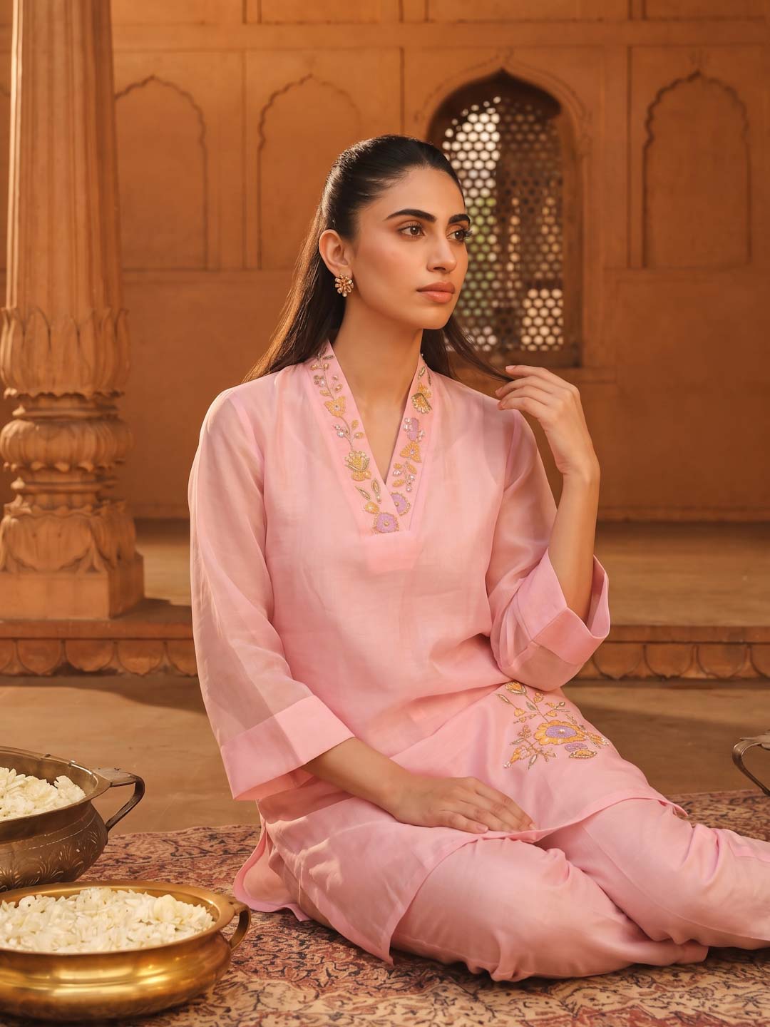 PINK SHIMMER ORGANZA HANDWORK CO-ORD SET