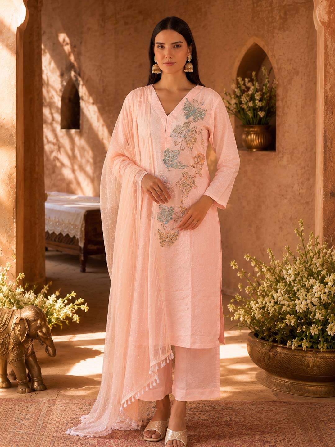 PETAL PINK TEXTURED COTTON HANDWORK SUIT SET