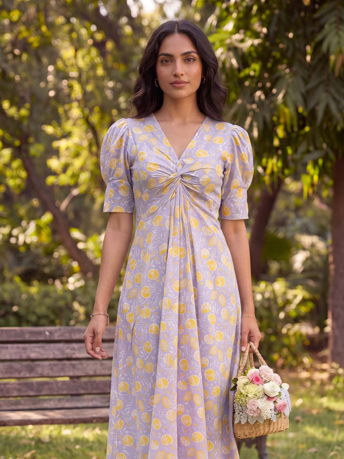 YELLOW & PURPLE HANDBLOCK DRESS
