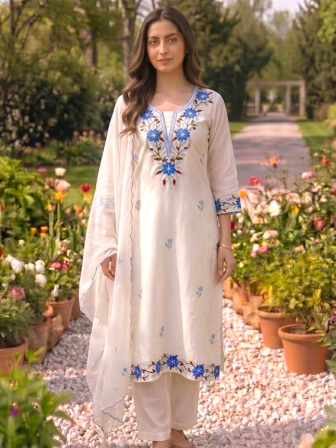 WHITE CHANDERI SUIT SET WITH EMBROIDERY AND ORGANZA DUPATTA