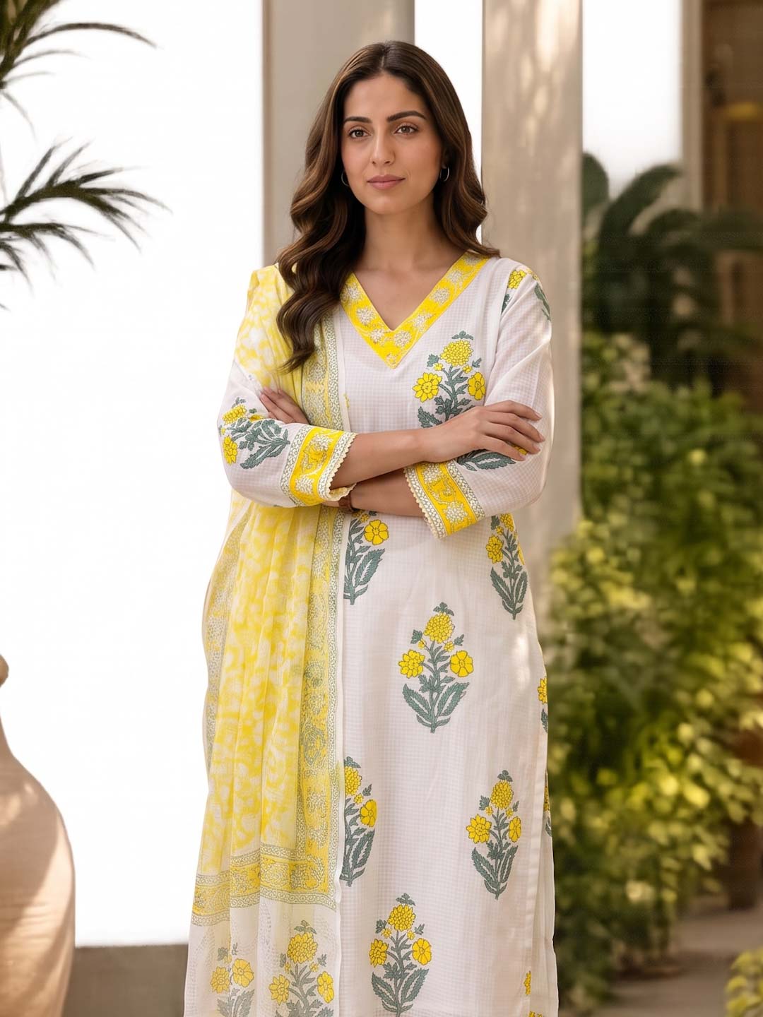 YELLOW & WHITE KOTA DORIA SUIT SET WITH KOTA DUPATTA