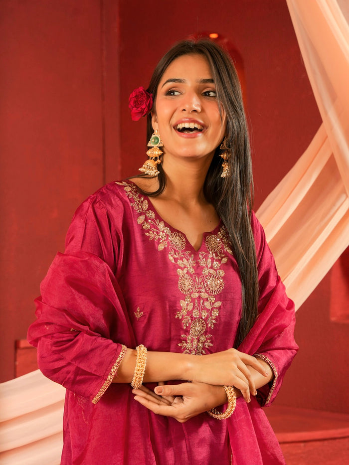 RASPBERRY SUIT SET WITH HANDWORK AND ORGANZA DUPTTA