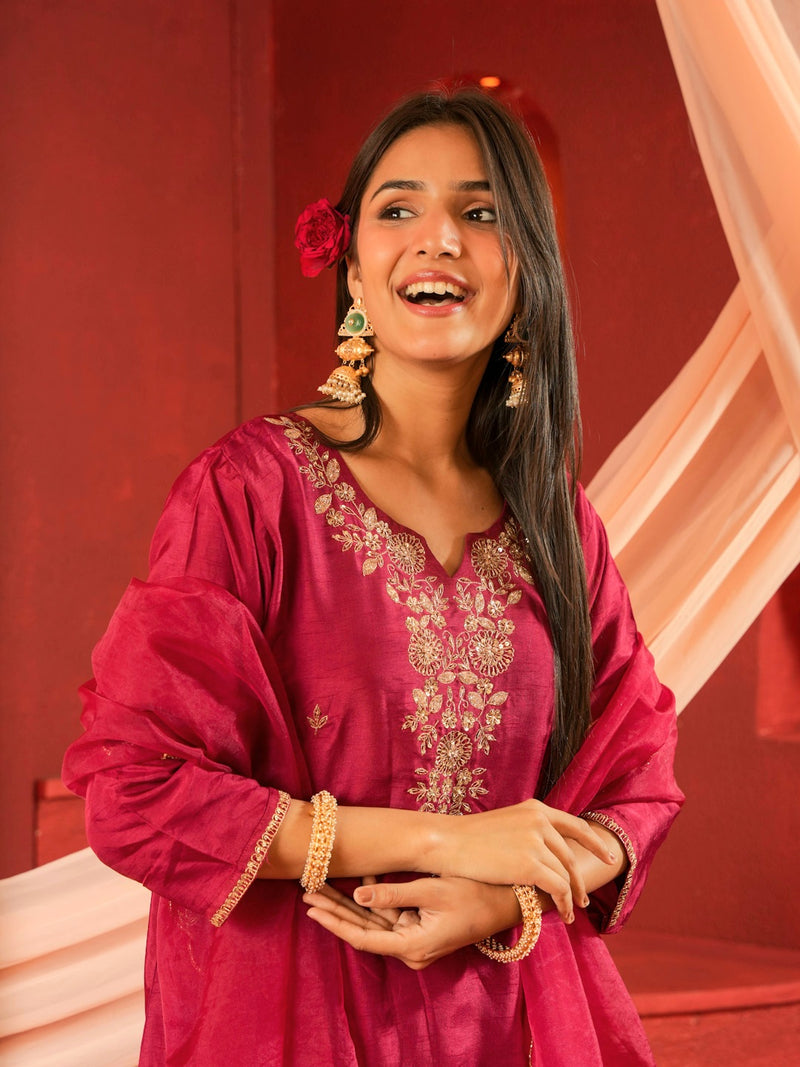 RASPBERRY SUIT SET WITH HANDWORK AND ORGANZA DUPTTA