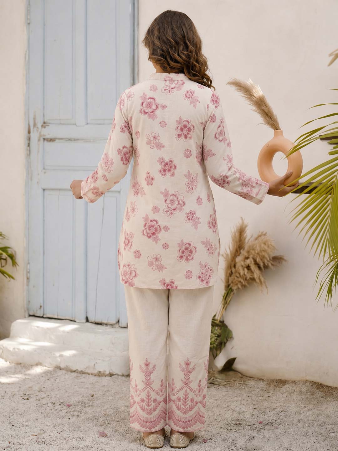 CREAM & PINK FLOWER COTTON SLUB CO-ORD SET