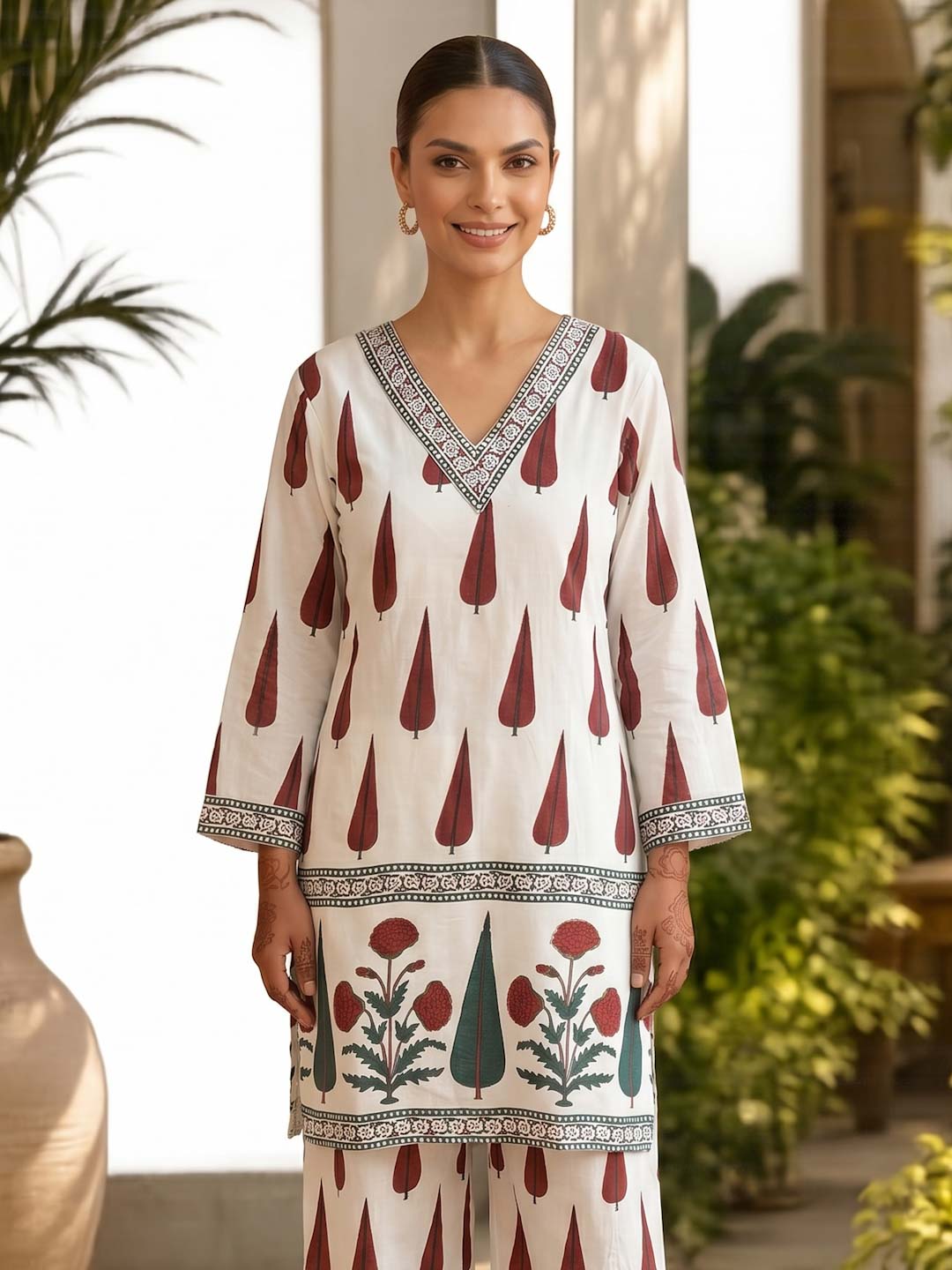 CREAM & RED RAYON CO-ORD SET