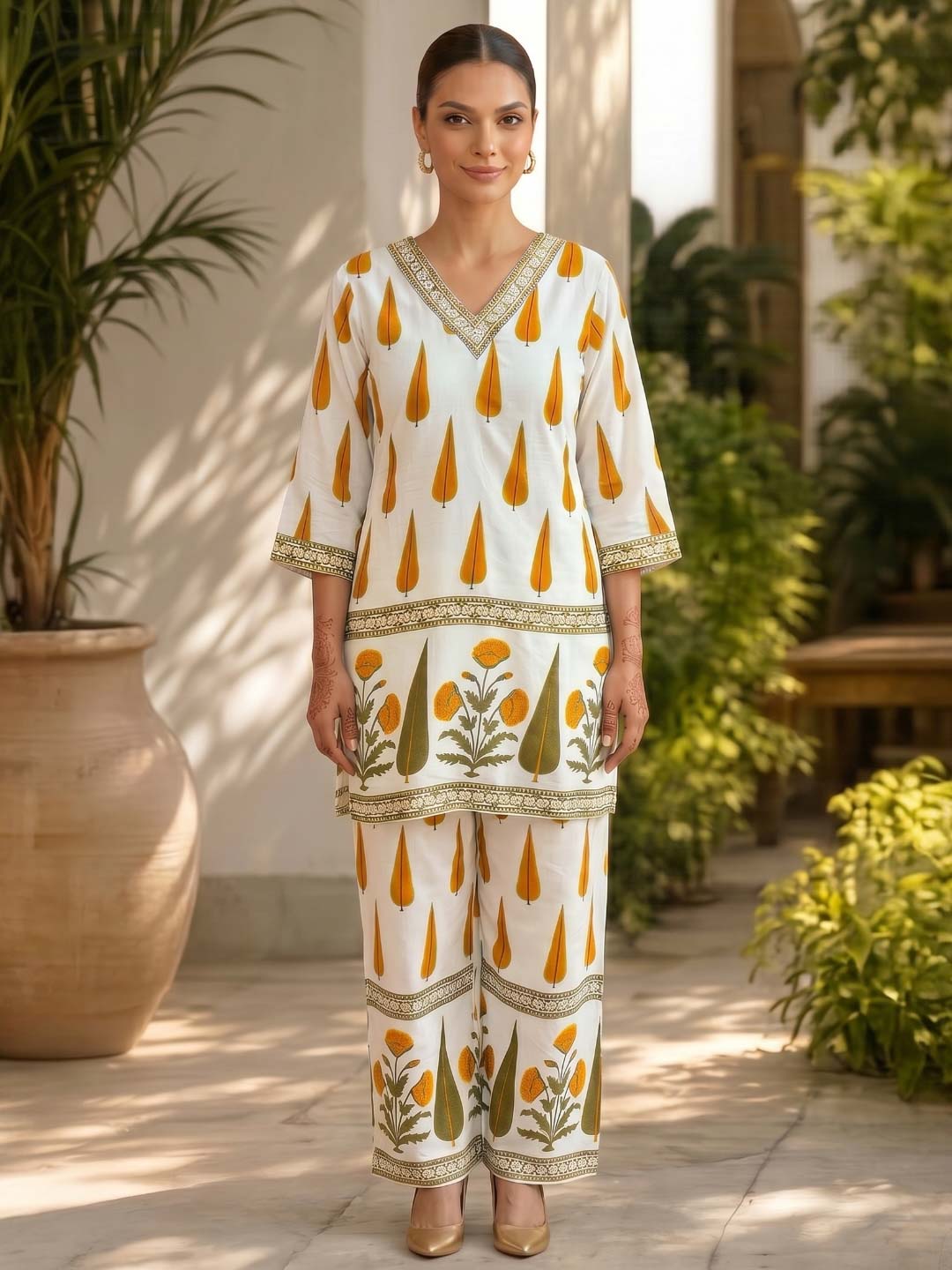 CREAM & YELLOW RAYON CO-ORD SET
