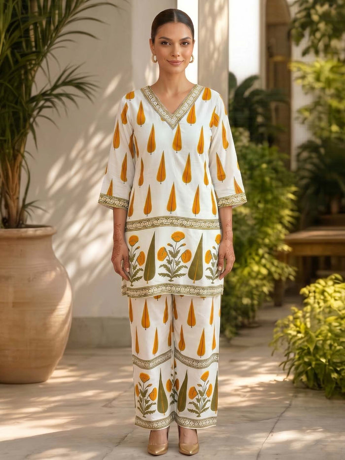 CREAM & YELLOW RAYON CO-ORD SET