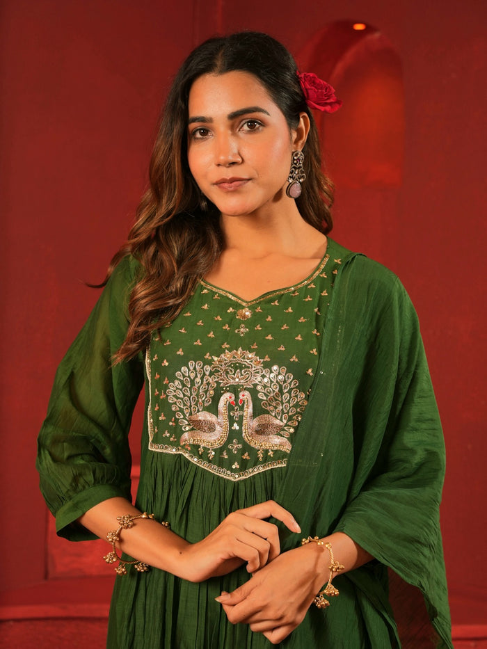 GREEN MUL CHANDERI SUIT SET WITH HEAVY WORK ON NECK