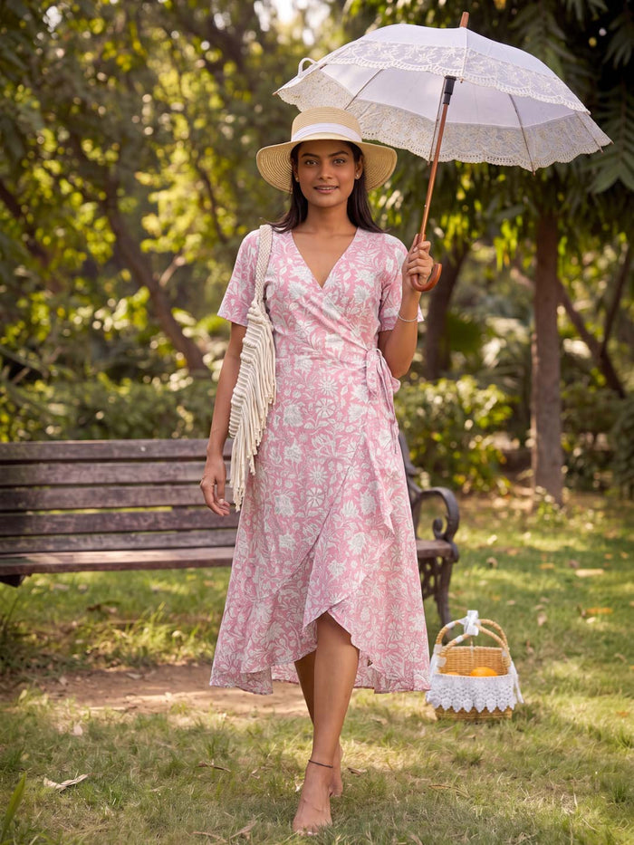 WHITE & PINK WRAP-AROUND DRESS
