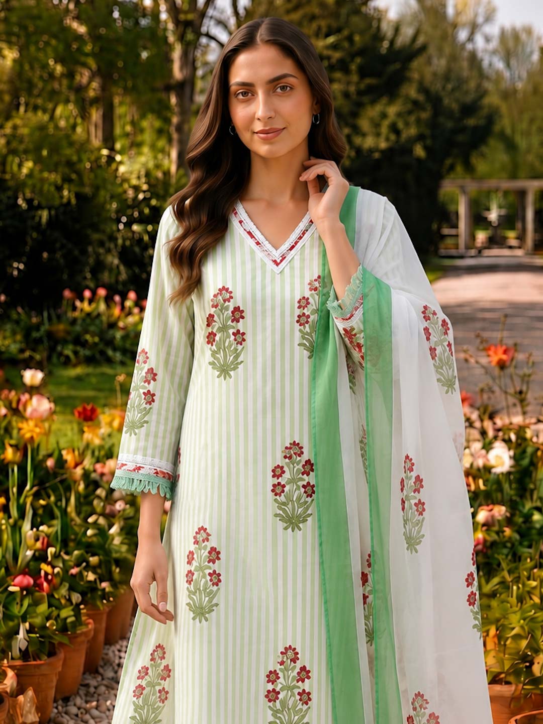 GREEN & WHITE COTTON HANDBLOCK SUIT SET WITH LACE WORK