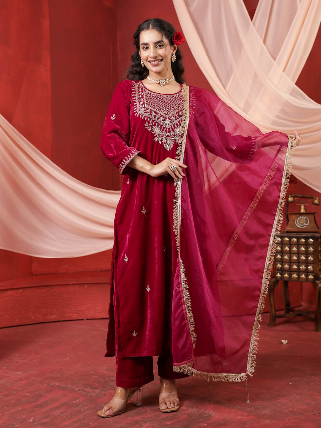 CHERRY RED VELVET HANDWORK SUIT SET
