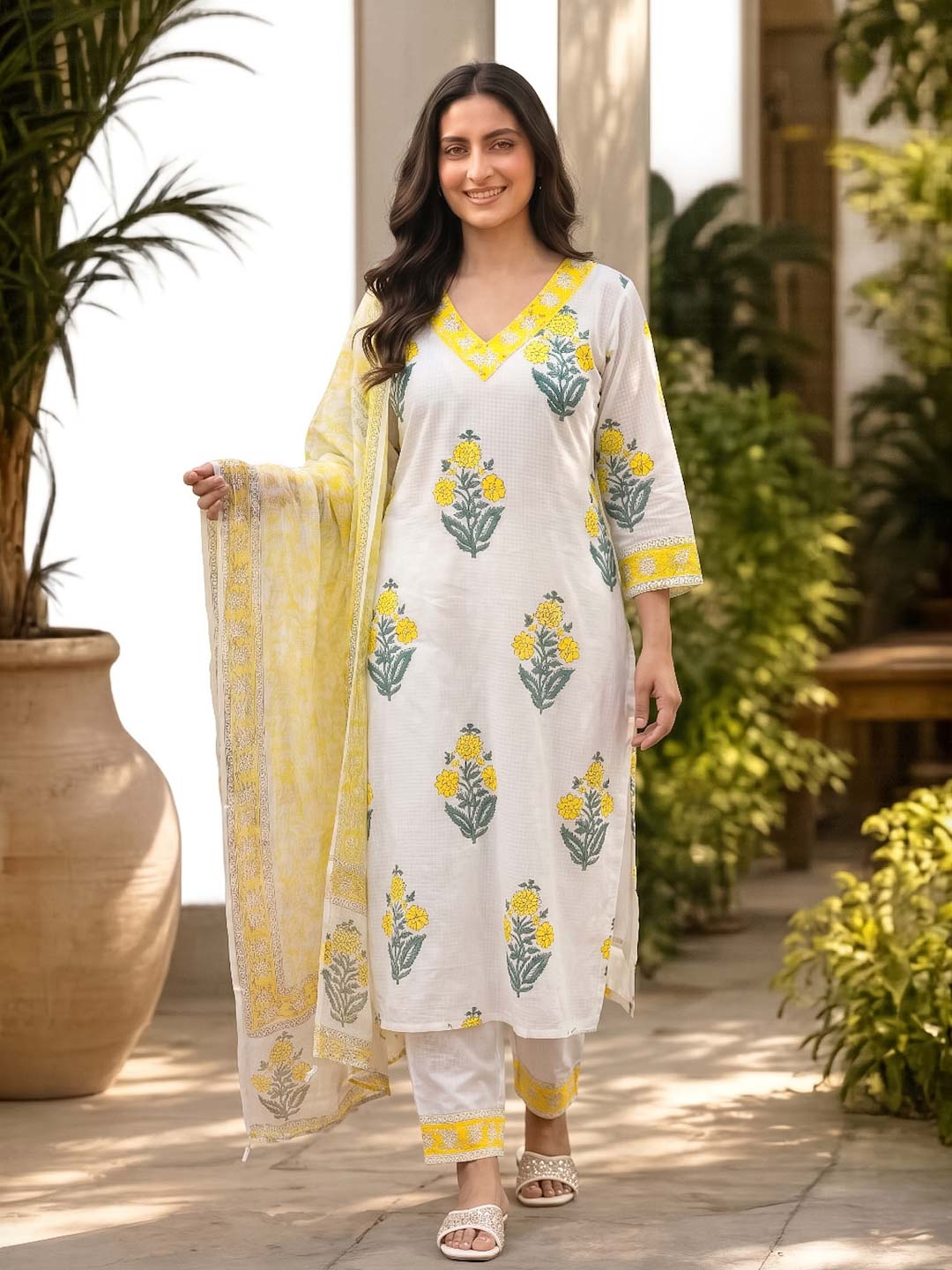 YELLOW & WHITE KOTA DORIA SUIT SET WITH KOTA DUPATTA