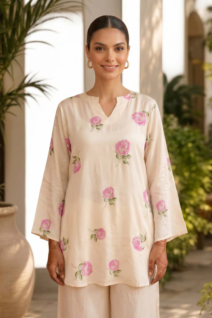 WHITE ROSE PRINT SHANTUNG SILK CO-ORD SET