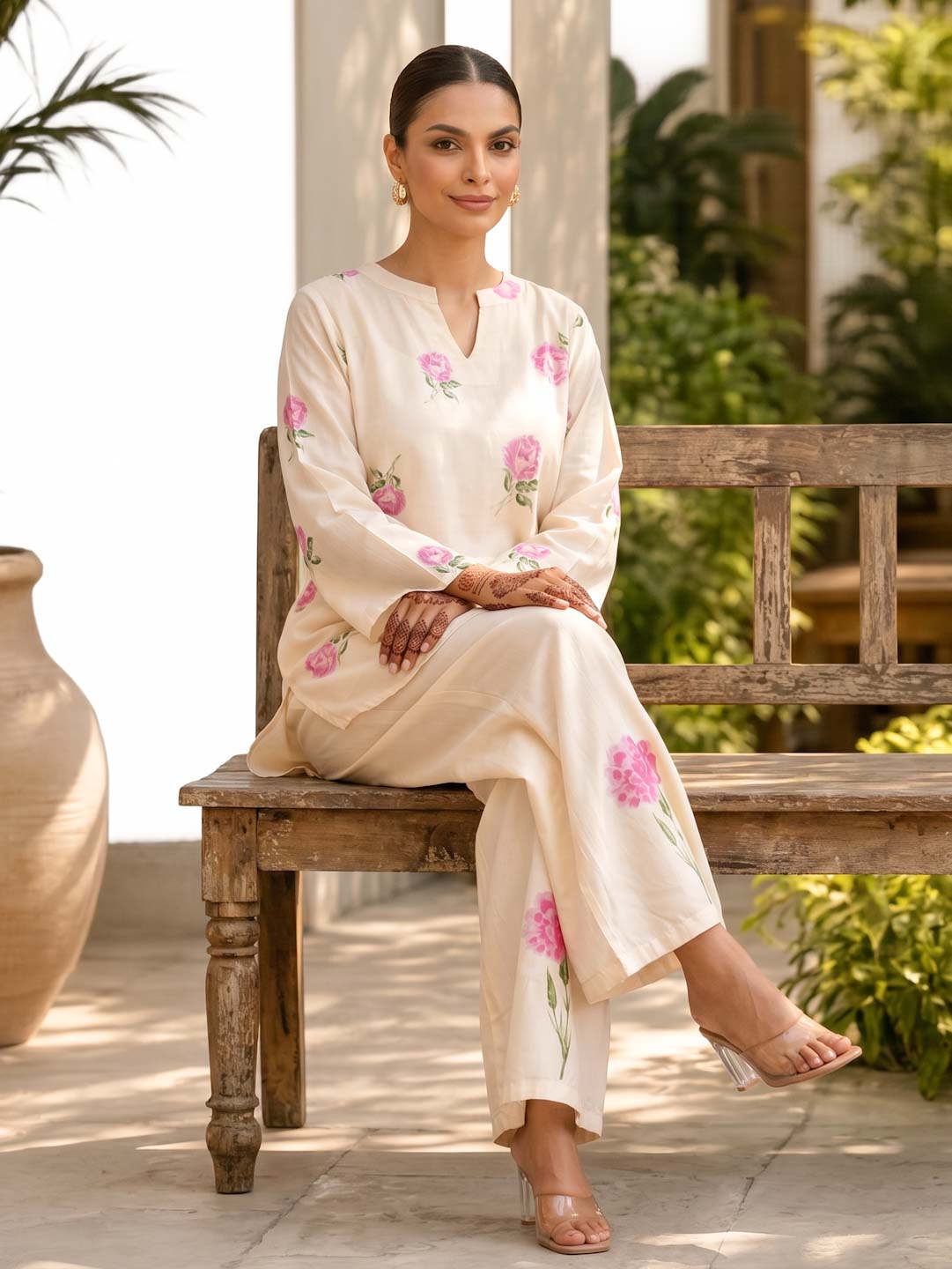 WHITE ROSE PRINT SHANTUNG SILK CO-ORD SET