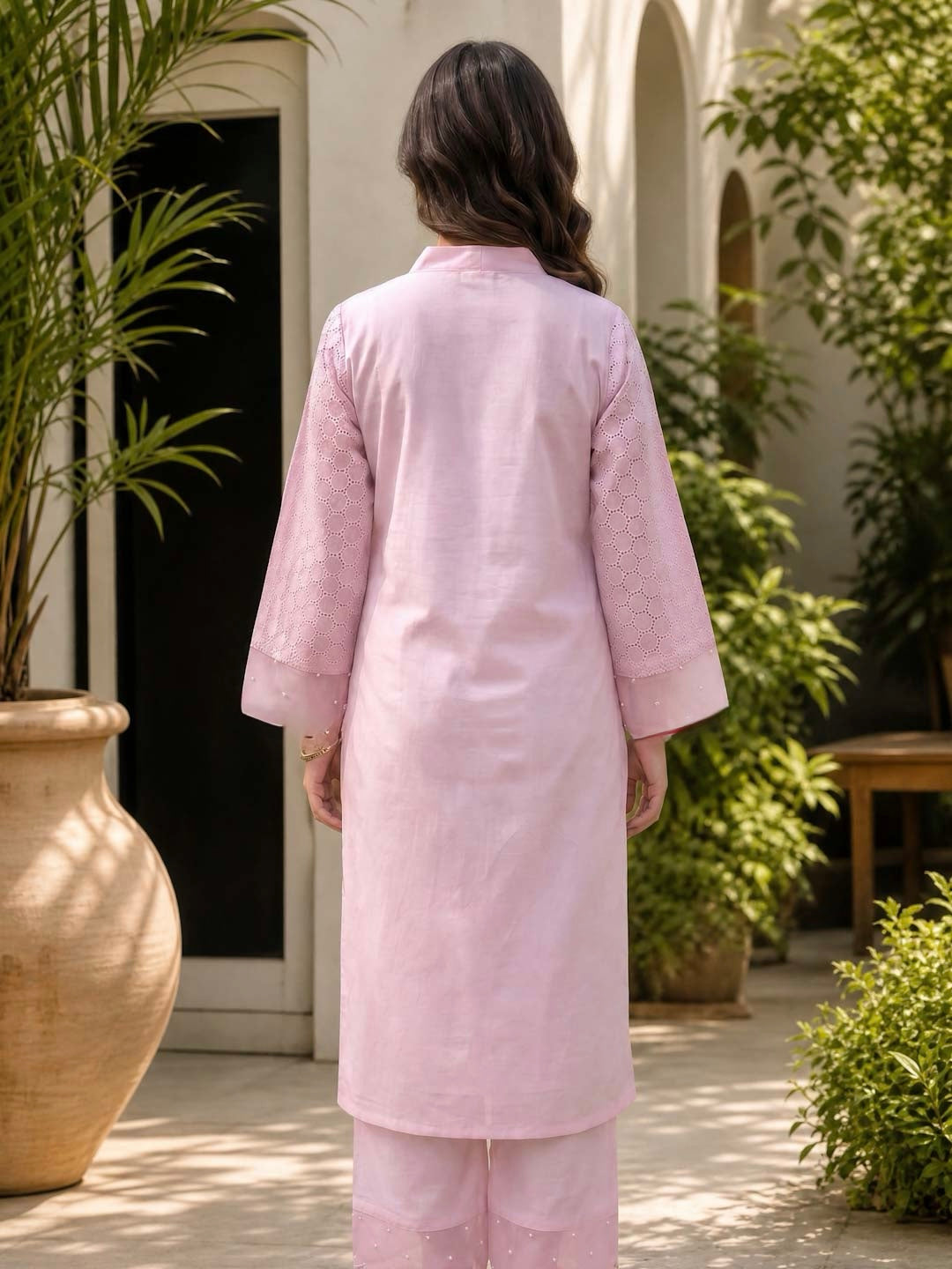 PINK SCHIFFLI KURTA SET WITH PEARL WORK