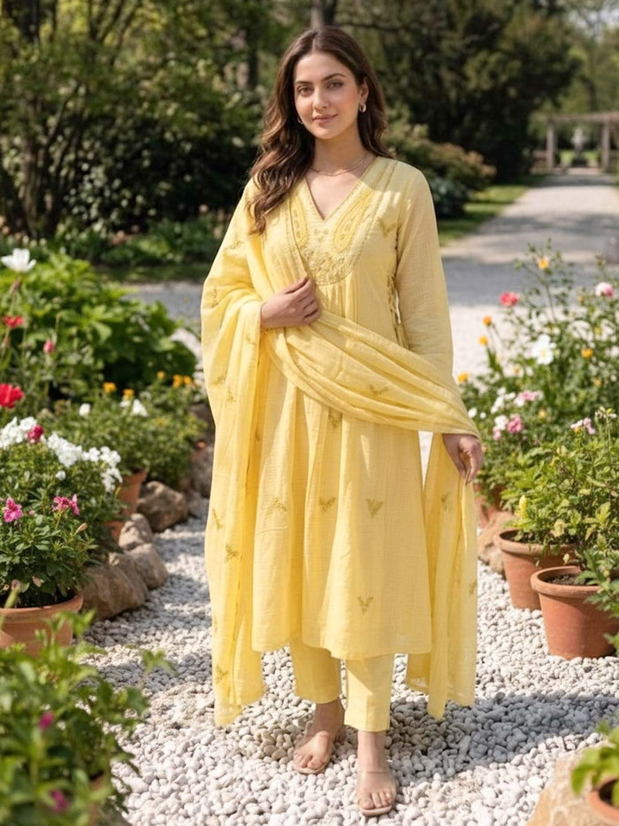 BRIGHT YELLOW KOTA DORIA SUIT SET WITH KOTA DUPATTA